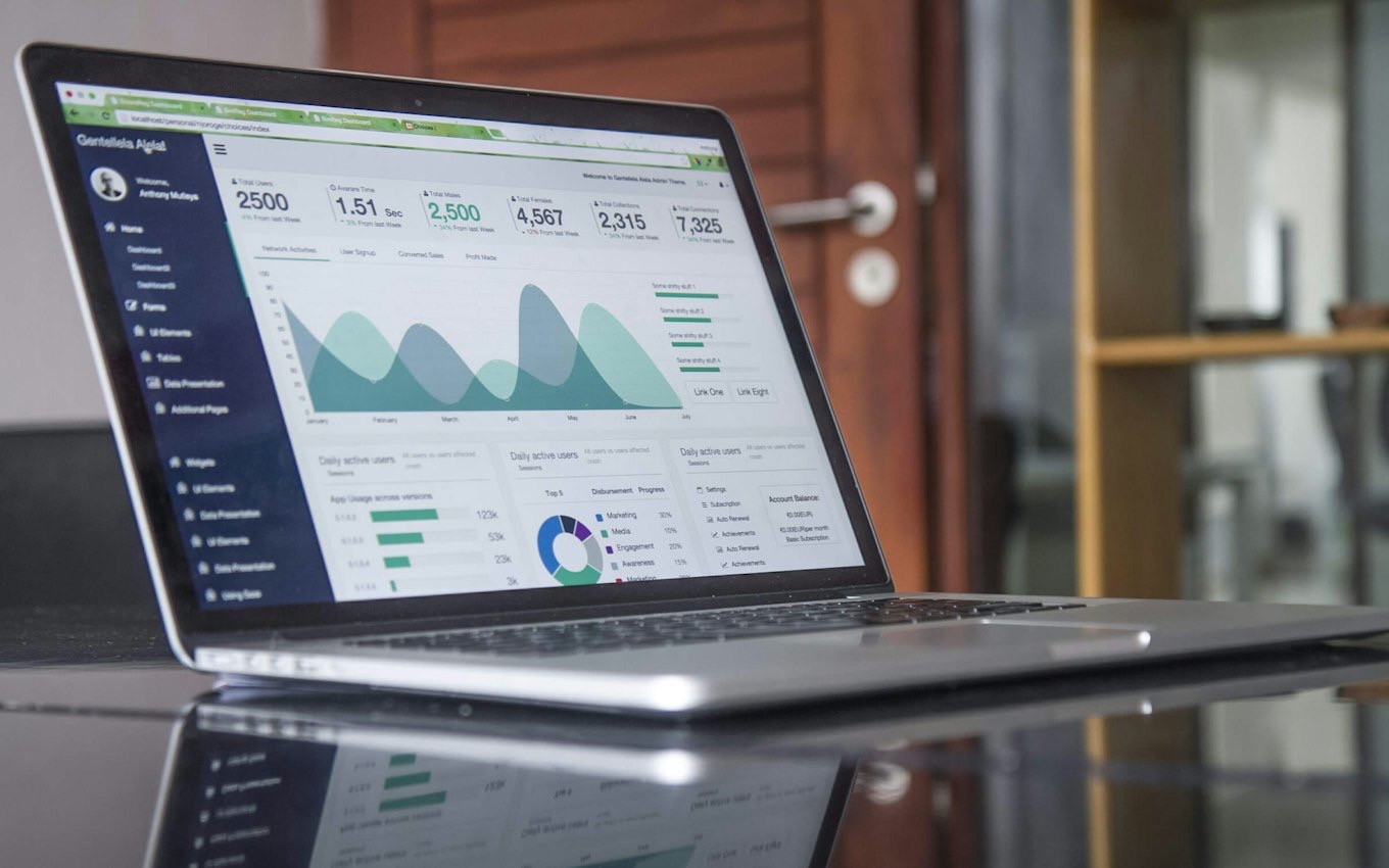 A laptop displaying an analytics dashboard with charts