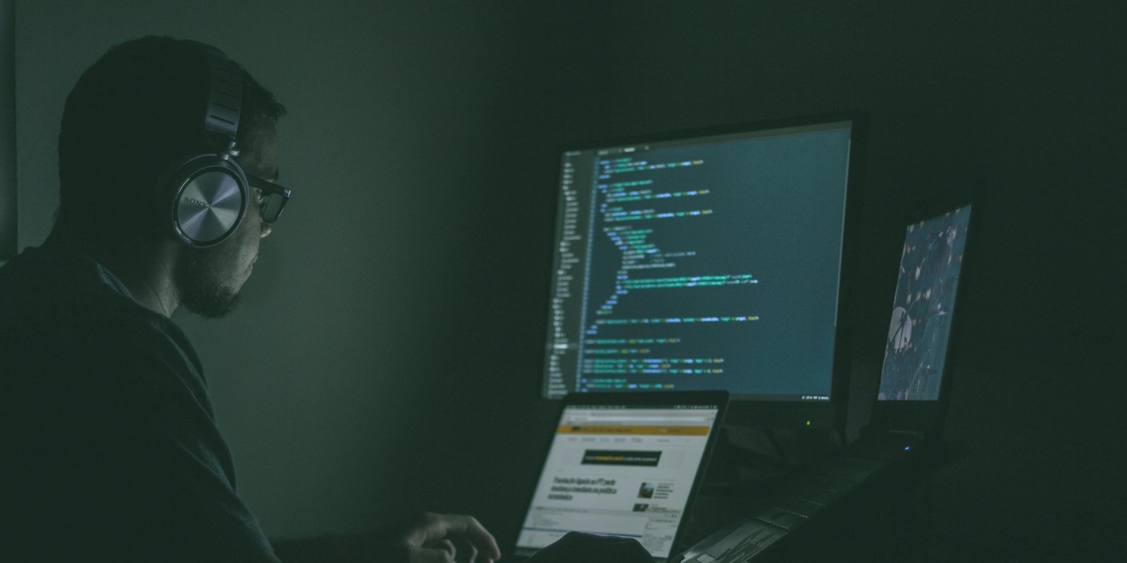 A person working at computer screens in a dark room